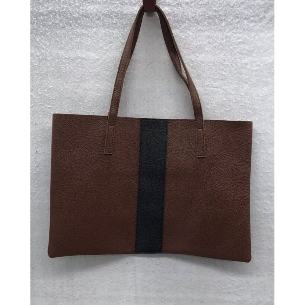 Vince Camuto Tote Vegan Leather Purse Side Stripe Brown 16X11 Business Career